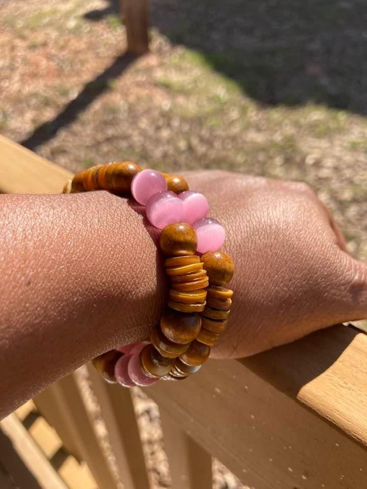 Pink Cats Eye and Shell Bracelet